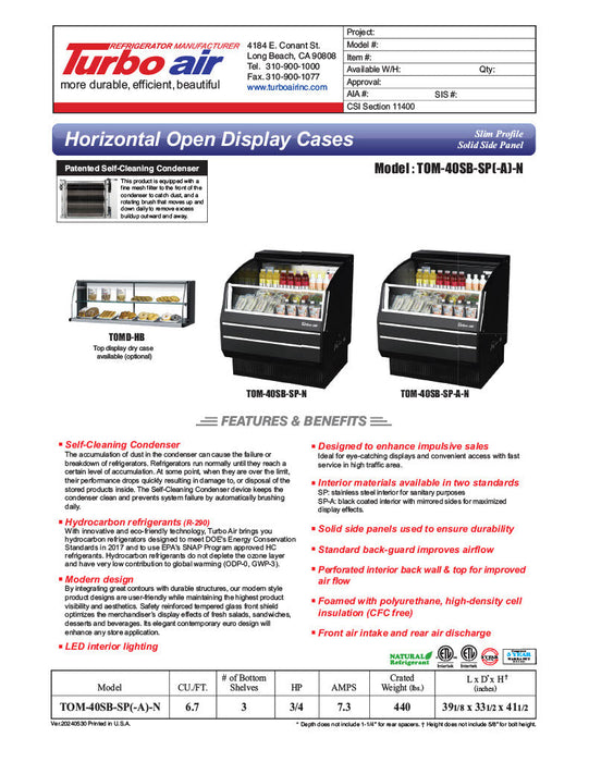 Turbo Air TOM-40SB-SP-N 39 1/8" Black Horizontal Open Air Cooler w/ (3) Levels, Stainless Steel Interior – Slim Line, 115v - Bakery Wholesalers