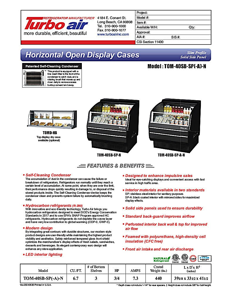 Turbo Air TOM-40SB-SP-N 39 1/8" Black Horizontal Open Air Cooler w/ (3) Levels, Stainless Steel Interior – Slim Line, 115v - Donut-Equipment.com
