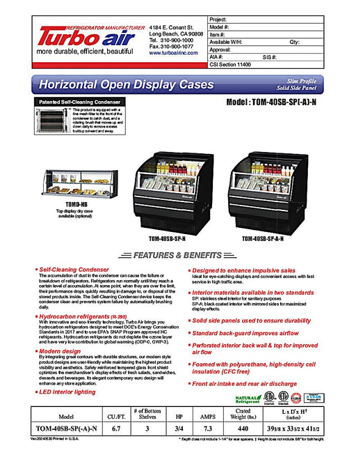 Turbo Air TOM-40SB-SP-N 39 1/8" Black Horizontal Open Air Cooler w/ (3) Levels, Stainless Steel Interior – Slim Line, 115v - Donut-Equipment.com