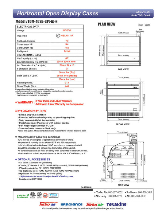Turbo Air TOM-40SB-SP-N 39 1/8" Black Horizontal Open Air Cooler w/ (3) Levels, Stainless Steel Interior – Slim Line, 115v - Bakery Wholesalers