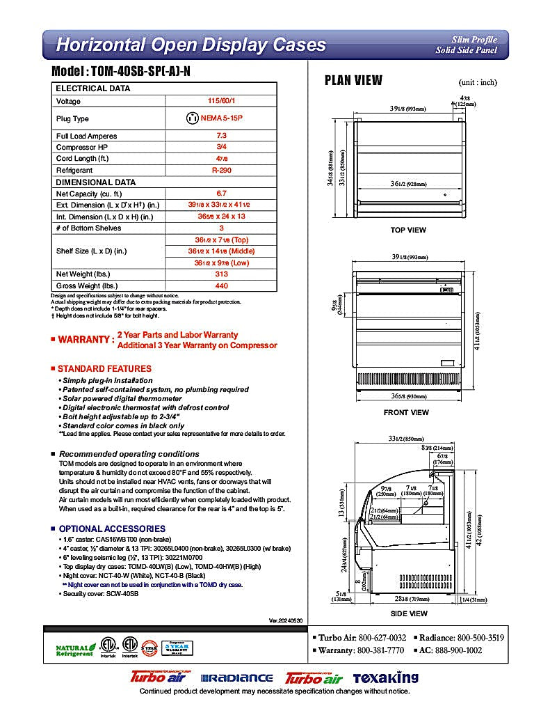 Turbo Air TOM-40SB-SP-N 39 1/8" Black Horizontal Open Air Cooler w/ (3) Levels, Stainless Steel Interior – Slim Line, 115v - Donut-Equipment.com