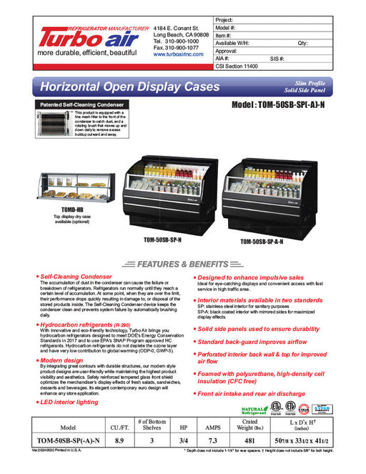 Turbo Air TOM-50SB-SP-N 50 7/8" Black Horizontal Open Air Cooler w/ (3) Levels, Stainless Steel Interior – Slim Line, 115v - Bakery Wholesalers