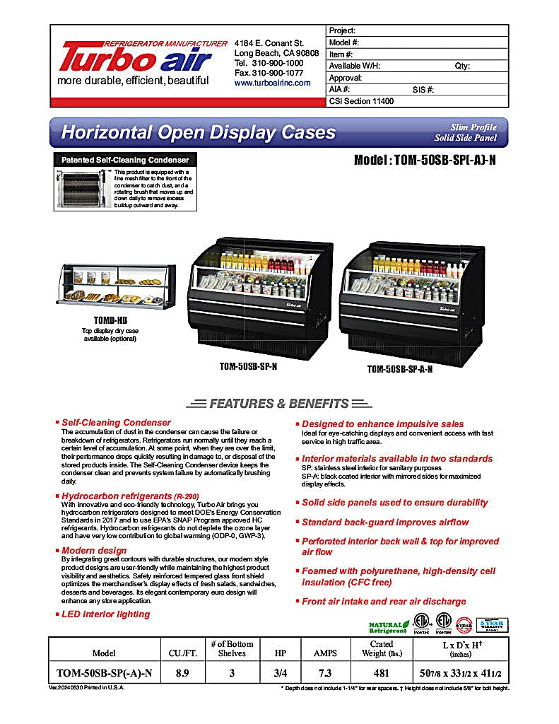 Turbo Air TOM-50SB-SP-N 50 7/8" Black Horizontal Open Air Cooler w/ (3) Levels, Stainless Steel Interior – Slim Line, 115v - Donut-Equipment.com