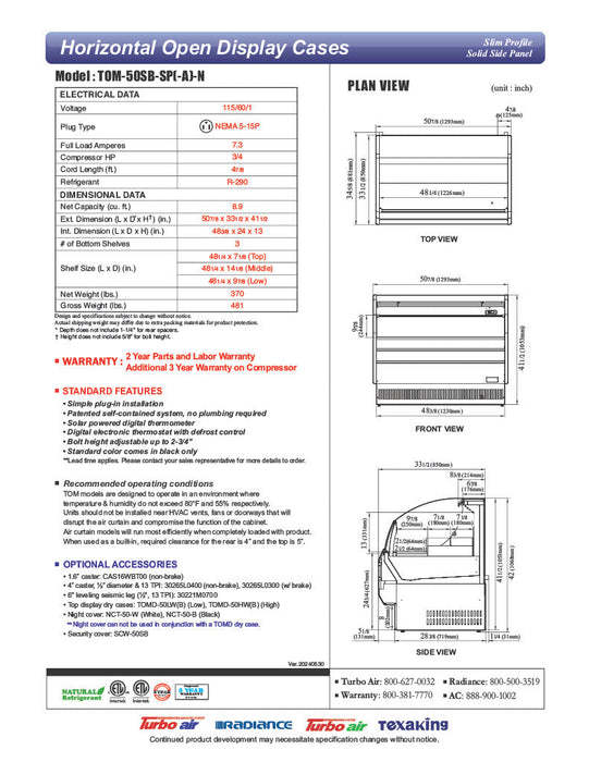 Turbo Air TOM-50SB-SP-N 50 7/8" Black Horizontal Open Air Cooler w/ (3) Levels, Stainless Steel Interior – Slim Line, 115v - Bakery Wholesalers