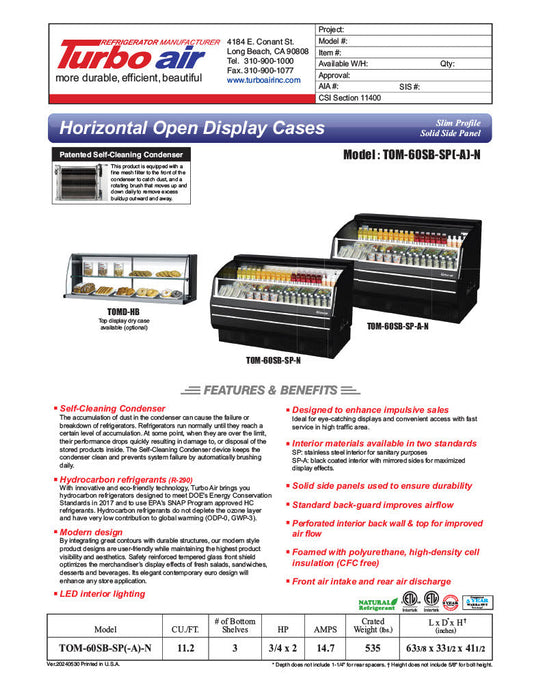 Turbo Air TOM-60SB-SP-N 63 3/8" Black Horizontal Open Air Cooler w/ (3) Levels, Stainless Steel Interior – Slim Line, 115v - Bakery Wholesalers