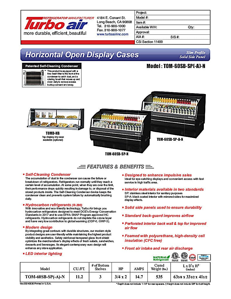 Turbo Air TOM-60SB-SP-N 63 3/8" Black Horizontal Open Air Cooler w/ (3) Levels, Stainless Steel Interior – Slim Line, 115v - Donut-Equipment.com