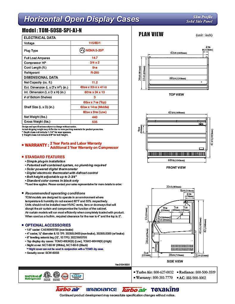 Turbo Air TOM-60SB-SP-N 63 3/8" Black Horizontal Open Air Cooler w/ (3) Levels, Stainless Steel Interior – Slim Line, 115v - Donut-Equipment.com