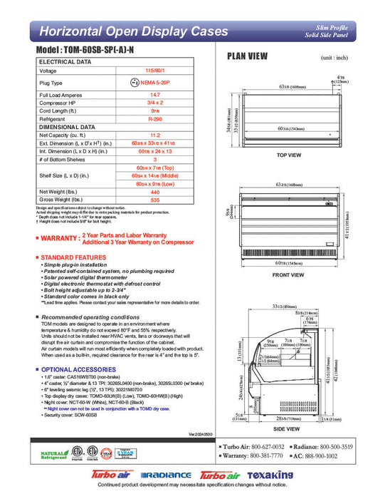 Turbo Air TOM-60SB-SP-N 63 3/8" Black Horizontal Open Air Cooler w/ (3) Levels, Stainless Steel Interior – Slim Line, 115v - Bakery Wholesalers
