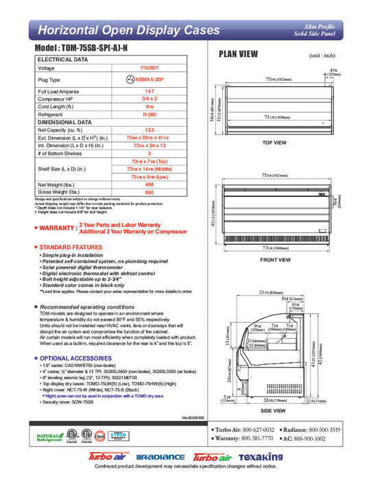 Turbo Air TOM-75SB-SP-N 75 3/4" Black Horizontal Open Air Cooler w/ (3) Levels, Stainless Steel Interior – Slim Line, 115v - Bakery Wholesalers