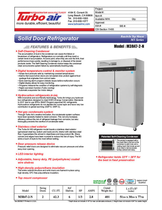 Turbo Air M3R47-2-N 51" Two Section Reach-In Refrigerator w/ (2) Solid Doors – Top Mount, Stainless Exterior, Aluminum Interior, 115v - Bakery Wholesalers