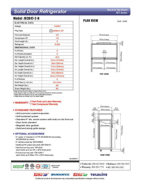 Turbo Air M3R47-2-N 51" Two Section Reach-In Refrigerator w/ (2) Solid Doors – Top Mount, Stainless Exterior, Aluminum Interior, 115v - Bakery Wholesalers