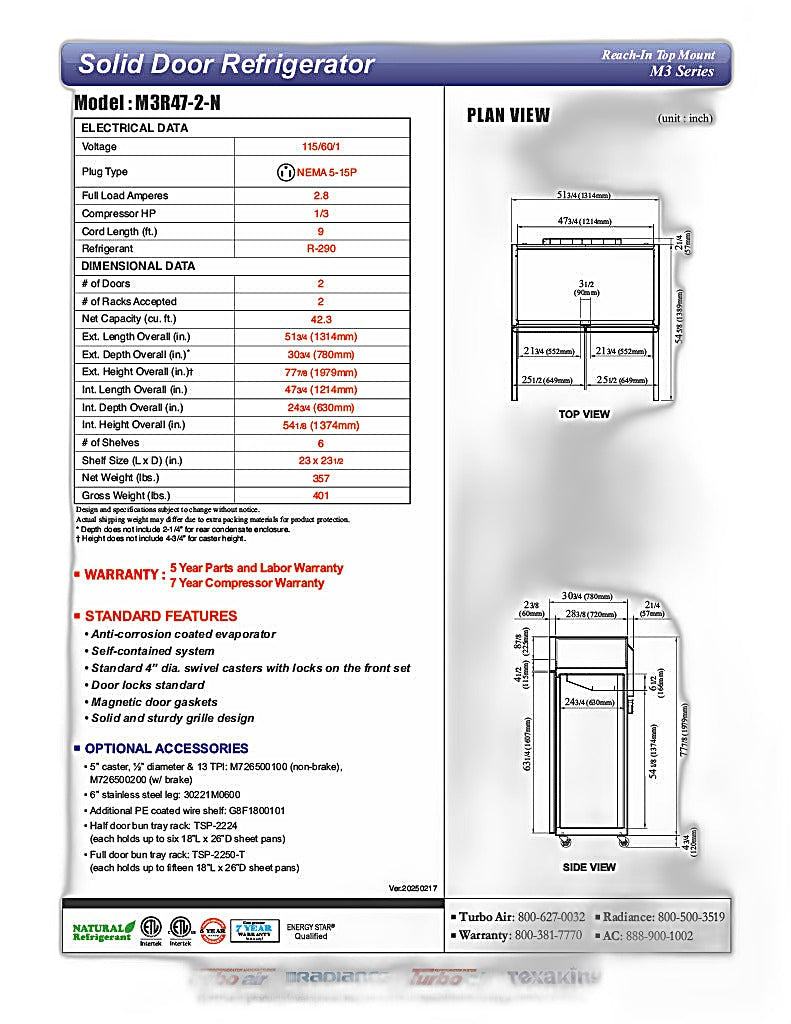 Turbo Air M3R47-2-N 51" Two Section Reach-In Refrigerator w/ (2) Solid Doors – Top Mount, Stainless Exterior, Aluminum Interior, 115v - Donut-Equipment.com