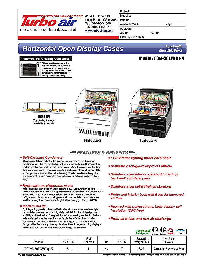 Turbo Air TOM-30LB-N 28" Horizontal Open Air Cooler w/ (2) Levels – Low Profile, Black Exterior, 115v - Donut-Equipment.com