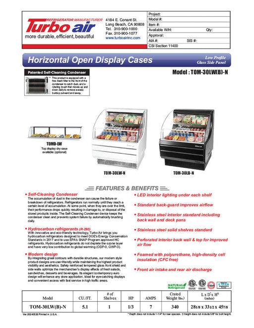 Turbo Air TOM-30LB-N 28" Horizontal Open Air Cooler w/ (2) Levels – Low Profile, Black Exterior, 115v - Bakery Wholesalers