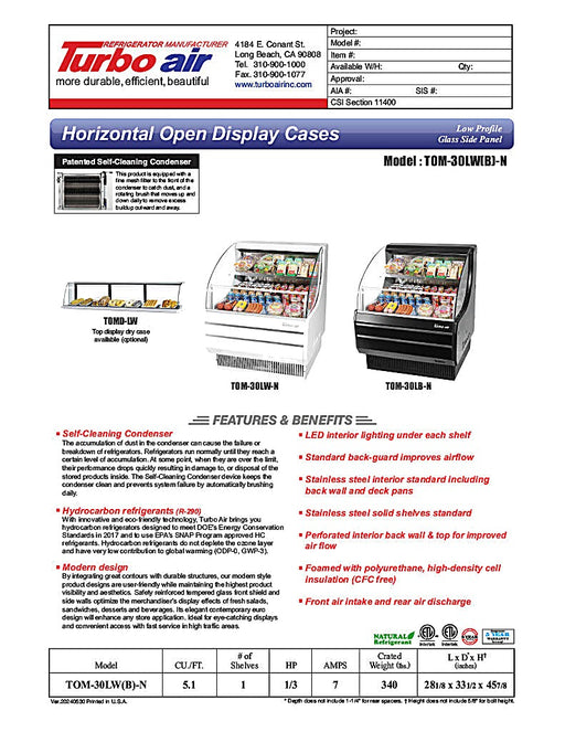 Turbo Air TOM-30LB-N 28" Horizontal Open Air Cooler w/ (2) Levels – Low Profile, Black Exterior, 115v - Donut-Equipment.com