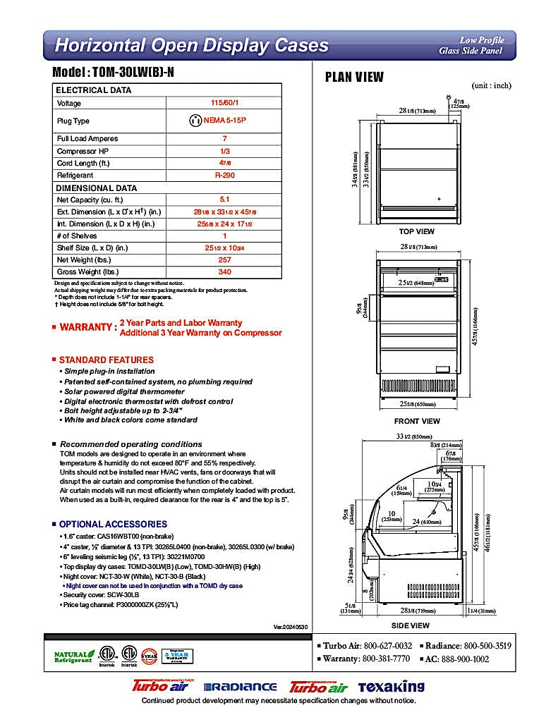 Turbo Air TOM-30LB-N 28" Horizontal Open Air Cooler w/ (2) Levels – Low Profile, Black Exterior, 115v - Donut-Equipment.com