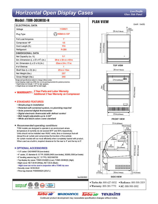 Turbo Air TOM-30LW-N 28" Horizontal Open Air Cooler w/ (2) Levels – Low Profile, White Exterior, 115v - Bakery Wholesalers