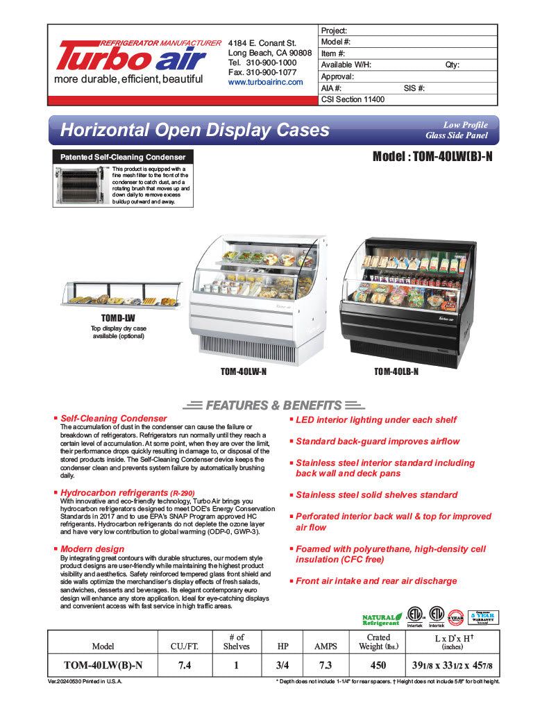 Turbo Air TOM-40LB-N 39" Horizontal Open Air Cooler w/ (2) Levels – Low Profile, Black Exterior, 115v - Donut-Equipment.com