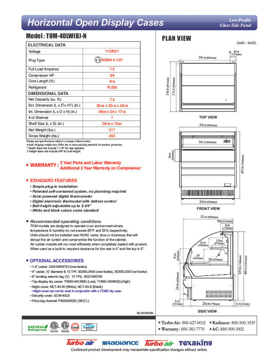Turbo Air TOM-40LW-N 39" Horizontal Open Air Cooler w/ (2) Levels – Low Profile, White Exterior, 115v - Bakery Wholesalers