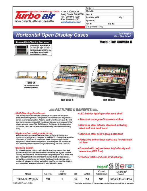 Turbo Air TOM-50LW-N 50" Horizontal Open Air Cooler w/ (2) Levels – Low Profile, White Exterior, 115v - Bakery Wholesalers