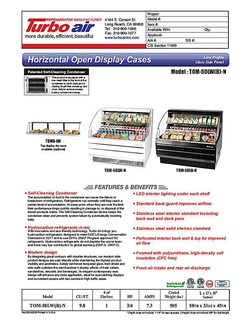 Turbo Air TOM-50LB-N 50" Horizontal Open Air Cooler w/ (2) Levels – Low Profile, Black Exterior, 115v - Donut-Equipment.com