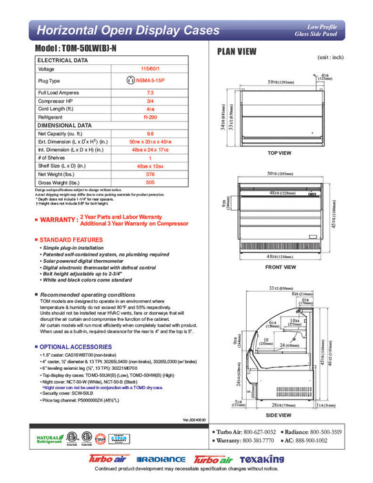 Turbo Air TOM-50LW-N 50" Horizontal Open Air Cooler w/ (2) Levels – Low Profile, White Exterior, 115v - Bakery Wholesalers