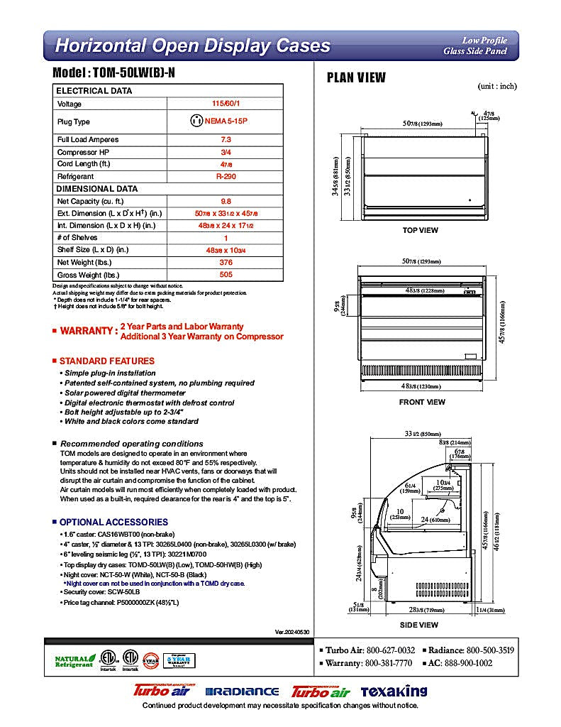 Turbo Air TOM-50LB-N 50" Horizontal Open Air Cooler w/ (2) Levels – Low Profile, Black Exterior, 115v - Donut-Equipment.com