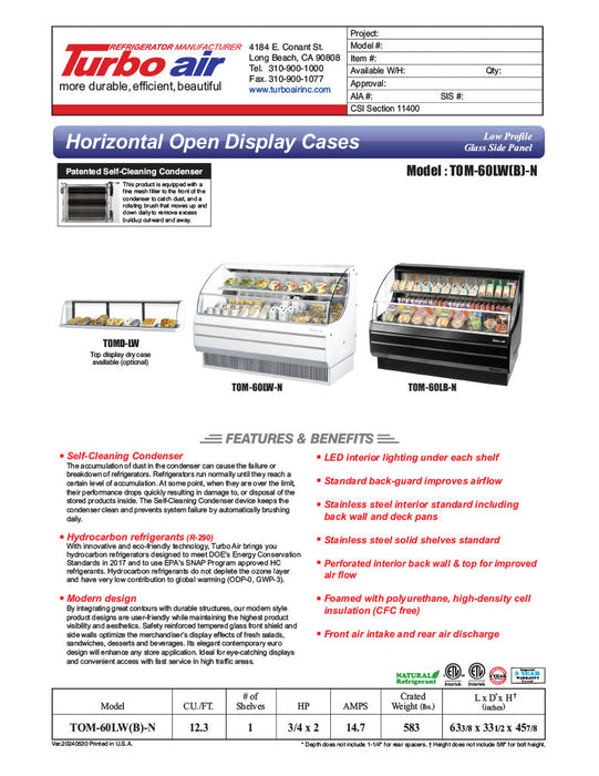 Turbo Air TOM-60LW-N 63 1/4" Horizontal Open Air Cooler w/ (2) Levels – Low Profile, White Exterior, 115v - Bakery Wholesalers
