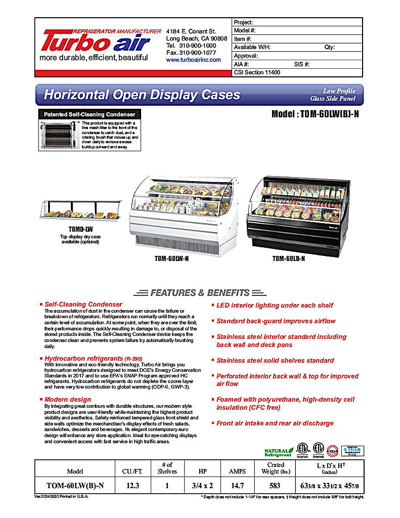 Turbo Air TOM-60LB-N 63 1/4" Horizontal Open Air Cooler w/ (2) Levels – Low Profile, Black Exterior, 115v - Donut-Equipment.com
