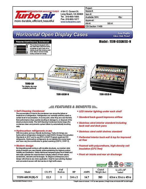 Turbo Air TOM-60LB-N 63 1/4" Horizontal Open Air Cooler w/ (2) Levels – Low Profile, Black Exterior, 115v - Donut-Equipment.com