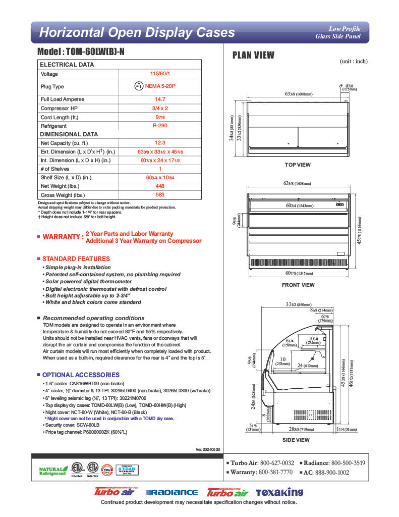 Turbo Air TOM-60LB-N 63 1/4" Horizontal Open Air Cooler w/ (2) Levels – Low Profile, Black Exterior, 115v - Donut-Equipment.com