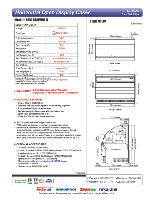 Turbo Air TOM-60LB-N 63 1/4" Horizontal Open Air Cooler w/ (2) Levels – Low Profile, Black Exterior, 115v - Bakery Wholesalers