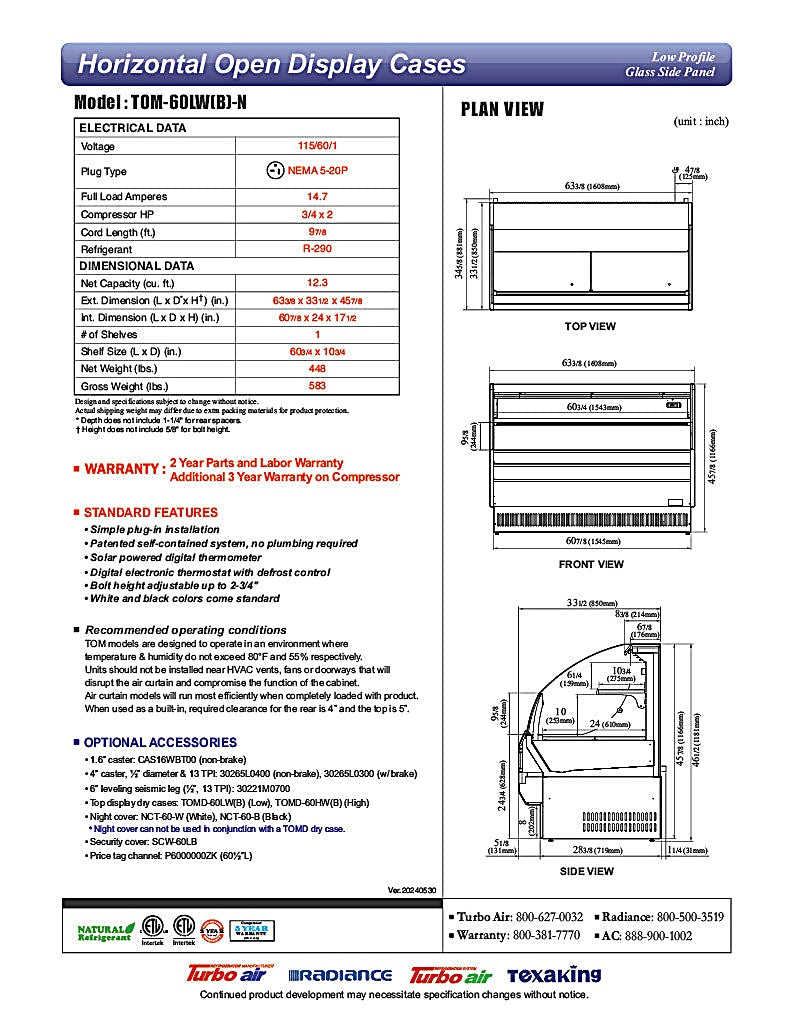 Turbo Air TOM-60LB-N 63 1/4" Horizontal Open Air Cooler w/ (2) Levels – Low Profile, Black Exterior, 115v - Donut-Equipment.com