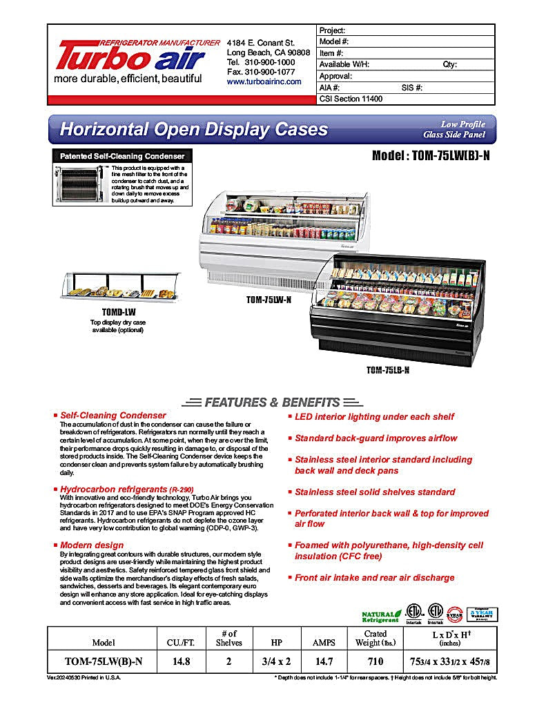 Turbo Air TOM-75LB-N 75 5/8" Horizontal Open Air Cooler w/ (2) Levels – Low Profile Display Merchandiser, Black Exterior, 115v - Donut-Equipment.com