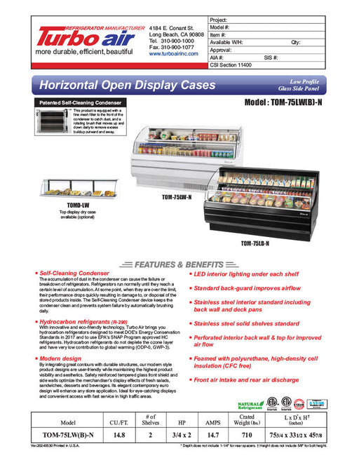 Turbo Air TOM-75LW-N 75 5/8" Horizontal Open Air Cooler w/ (2) Levels – Low Profile Display Merchandiser, White Exterior, 115v - Bakery Wholesalers