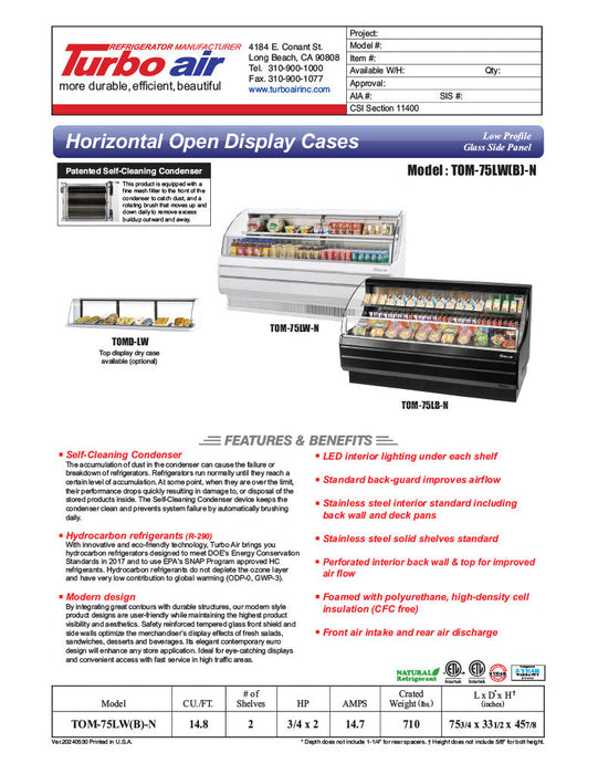 Turbo Air TOM-75LW-N 75 5/8" Horizontal Open Air Cooler w/ (2) Levels – Low Profile Display Merchandiser, White Exterior, 115v - Bakery Wholesalers