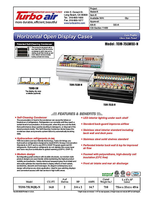 Turbo Air TOM-75LB-N 75 5/8" Horizontal Open Air Cooler w/ (2) Levels – Low Profile Display Merchandiser, Black Exterior, 115v - Donut-Equipment.com