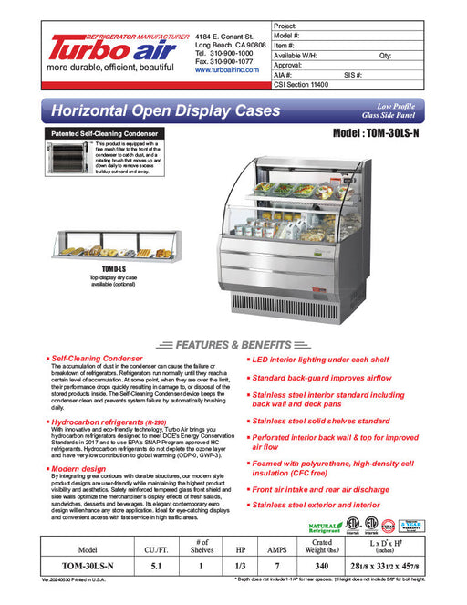 Turbo Air TOM-30LS-N 28 1/8" Horizontal Open Air Cooler w/ (2) Levels – Slim Line Display Merchandiser, 115v - Bakery Wholesalers