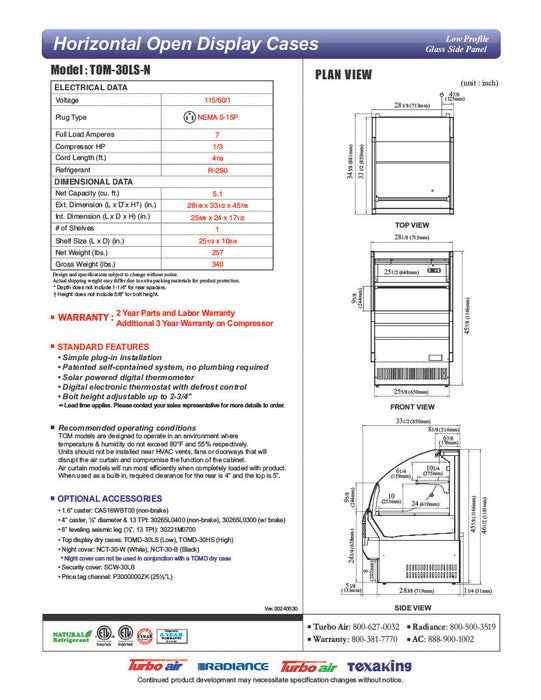 Turbo Air TOM-30LS-N 28 1/8" Horizontal Open Air Cooler w/ (2) Levels – Slim Line Display Merchandiser, 115v - Bakery Wholesalers