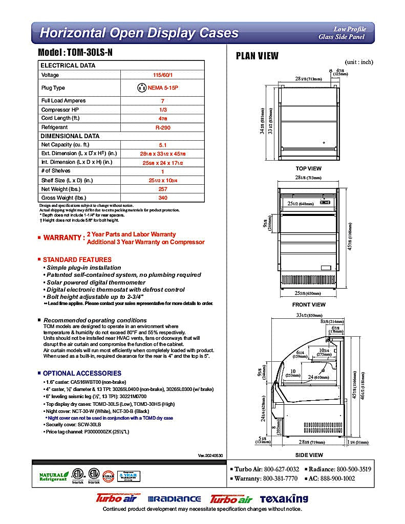 Turbo Air TOM-30LS-N 28 1/8" Horizontal Open Air Cooler w/ (2) Levels – Slim Line Display Merchandiser, 115v - Donut-Equipment.com