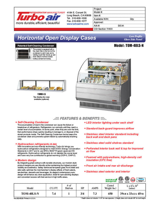 Turbo Air TOM-40LS-N 39" Low Profile Horizontal Open Air Cooler – Stainless Steel Display Merchandiser, (2) Levels, 115v - Bakery Wholesalers
