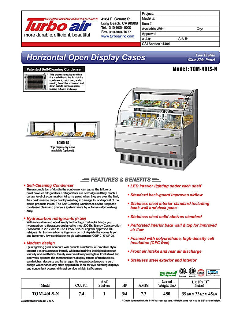 Turbo Air TOM-40LS-N 39" Low Profile Horizontal Open Air Cooler – Stainless Steel Display Merchandiser, (2) Levels, 115v - Donut-Equipment.com