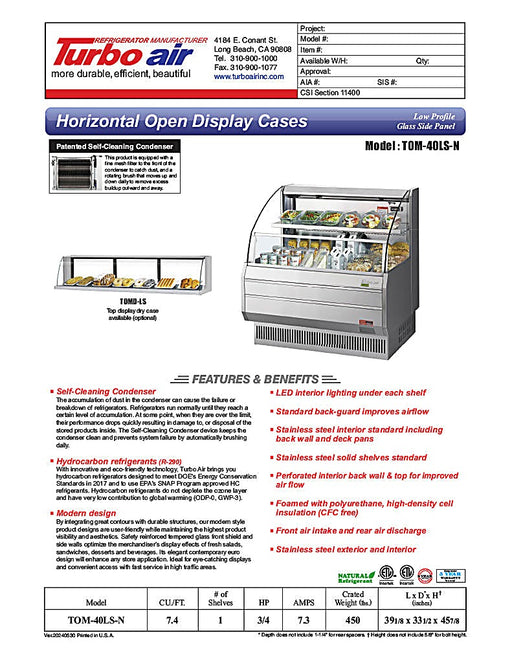 Turbo Air TOM-40LS-N 39" Low Profile Horizontal Open Air Cooler – Stainless Steel Display Merchandiser, (2) Levels, 115v - Donut-Equipment.com