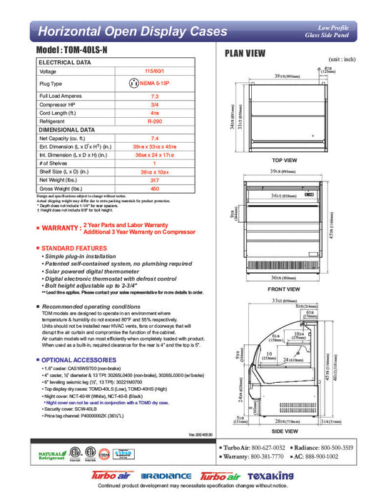 Turbo Air TOM-40LS-N 39" Low Profile Horizontal Open Air Cooler – Stainless Steel Display Merchandiser, (2) Levels, 115v - Bakery Wholesalers