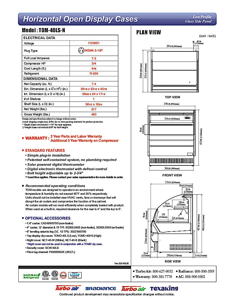 Turbo Air TOM-40LS-N 39" Low Profile Horizontal Open Air Cooler – Stainless Steel Display Merchandiser, (2) Levels, 115v - Donut-Equipment.com