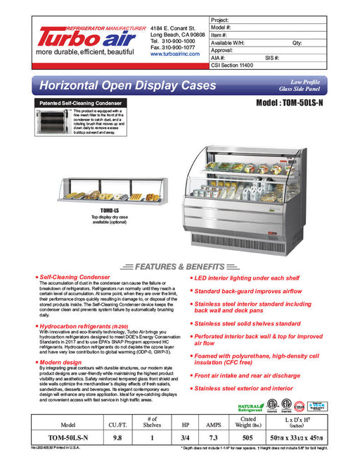 Turbo Air TOM-50LS-N 50" Low Profile Horizontal Open Air Cooler – Stainless Steel Refrigerated Merchandiser w/ (2) Levels, 115v - Bakery Wholesalers