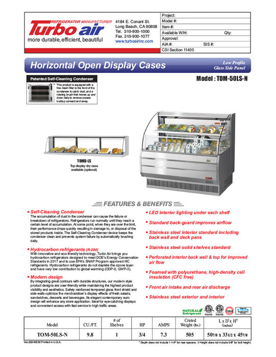 Turbo Air TOM-50LS-N 50" Low Profile Horizontal Open Air Cooler – Stainless Steel Refrigerated Merchandiser w/ (2) Levels, 115v - Bakery Wholesalers