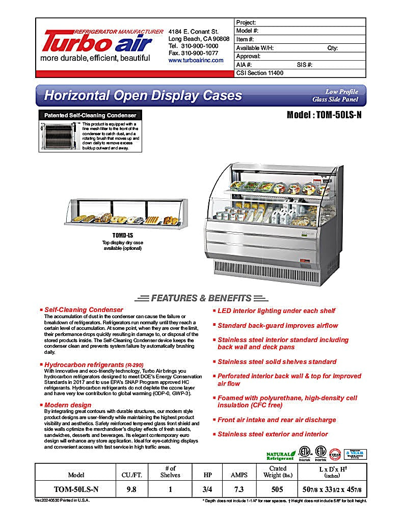Turbo Air TOM-50LS-N 50" Low Profile Horizontal Open Air Cooler – Stainless Steel Refrigerated Merchandiser w/ (2) Levels, 115v - Donut-Equipment.com