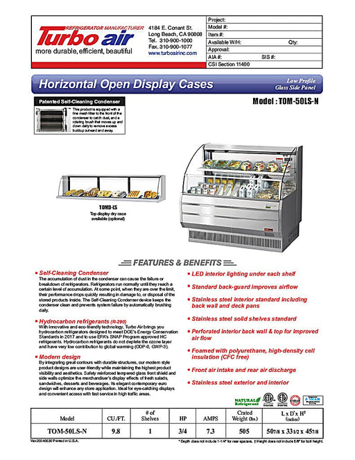 Turbo Air TOM-50LS-N 50" Low Profile Horizontal Open Air Cooler – Stainless Steel Refrigerated Merchandiser w/ (2) Levels, 115v - Donut-Equipment.com