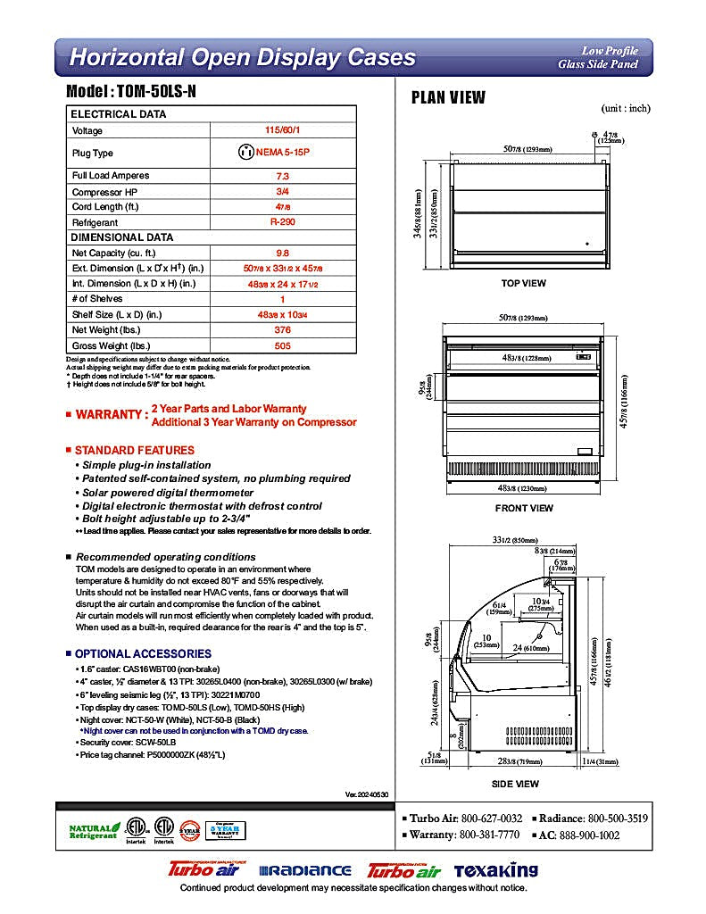 Turbo Air TOM-50LS-N 50" Low Profile Horizontal Open Air Cooler – Stainless Steel Refrigerated Merchandiser w/ (2) Levels, 115v - Donut-Equipment.com